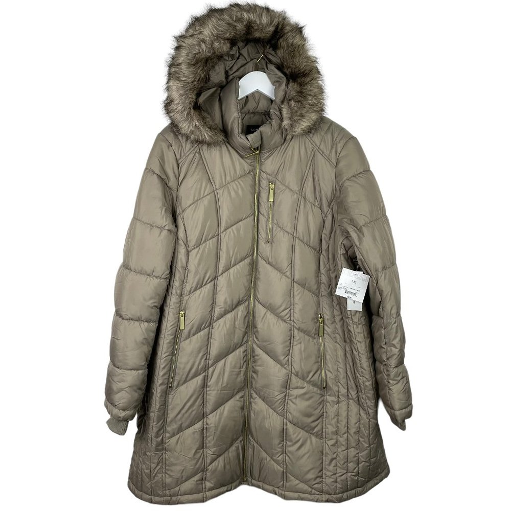 NWT LIZ CLAIBORNE Women 1X Taupe Faux Fur Hood Zip Water Resistant Puffer Jacket
